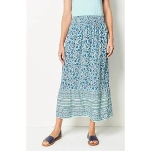 J Jill Skirt Aqua Floral Boho Maxi Skirt Stretch Waist Cottagecore Coastal PL